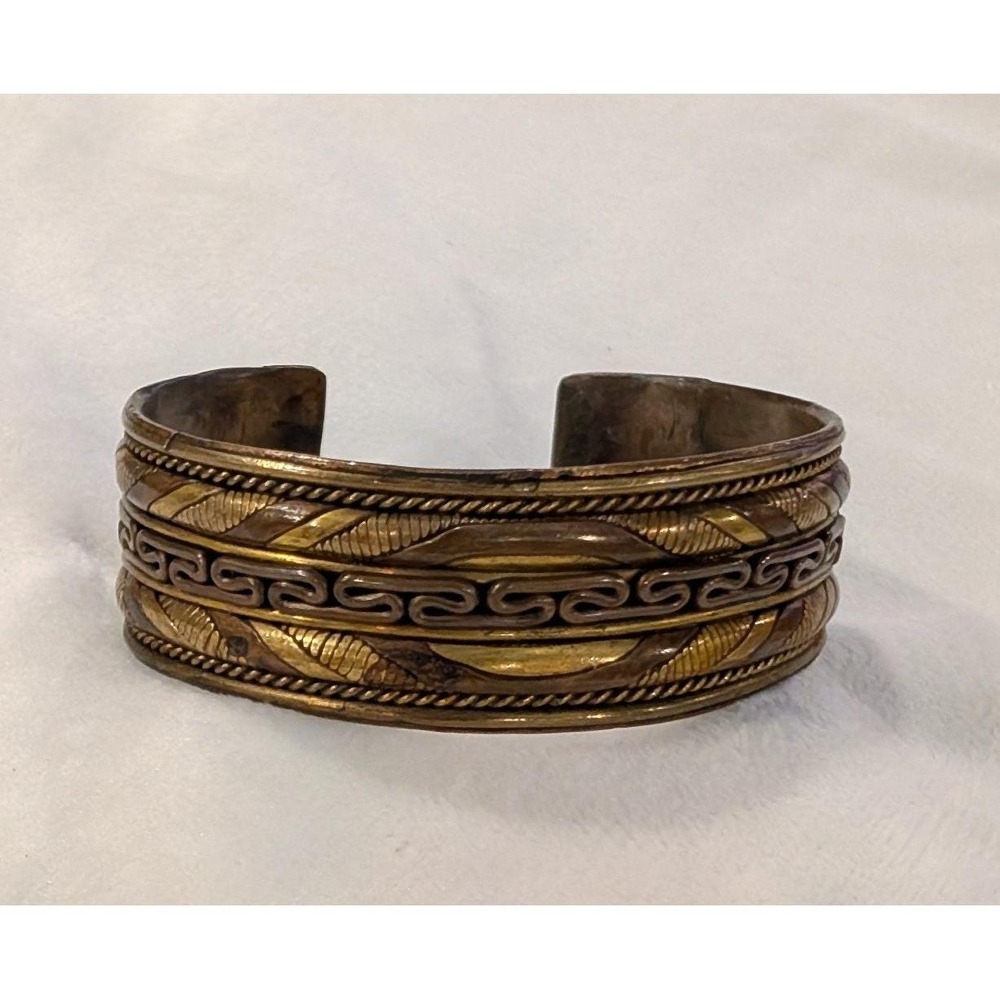 Vintage Mixed Metal Cuff Bracelet Greek Key Dragon Motif Boho Ethnic Wide Band